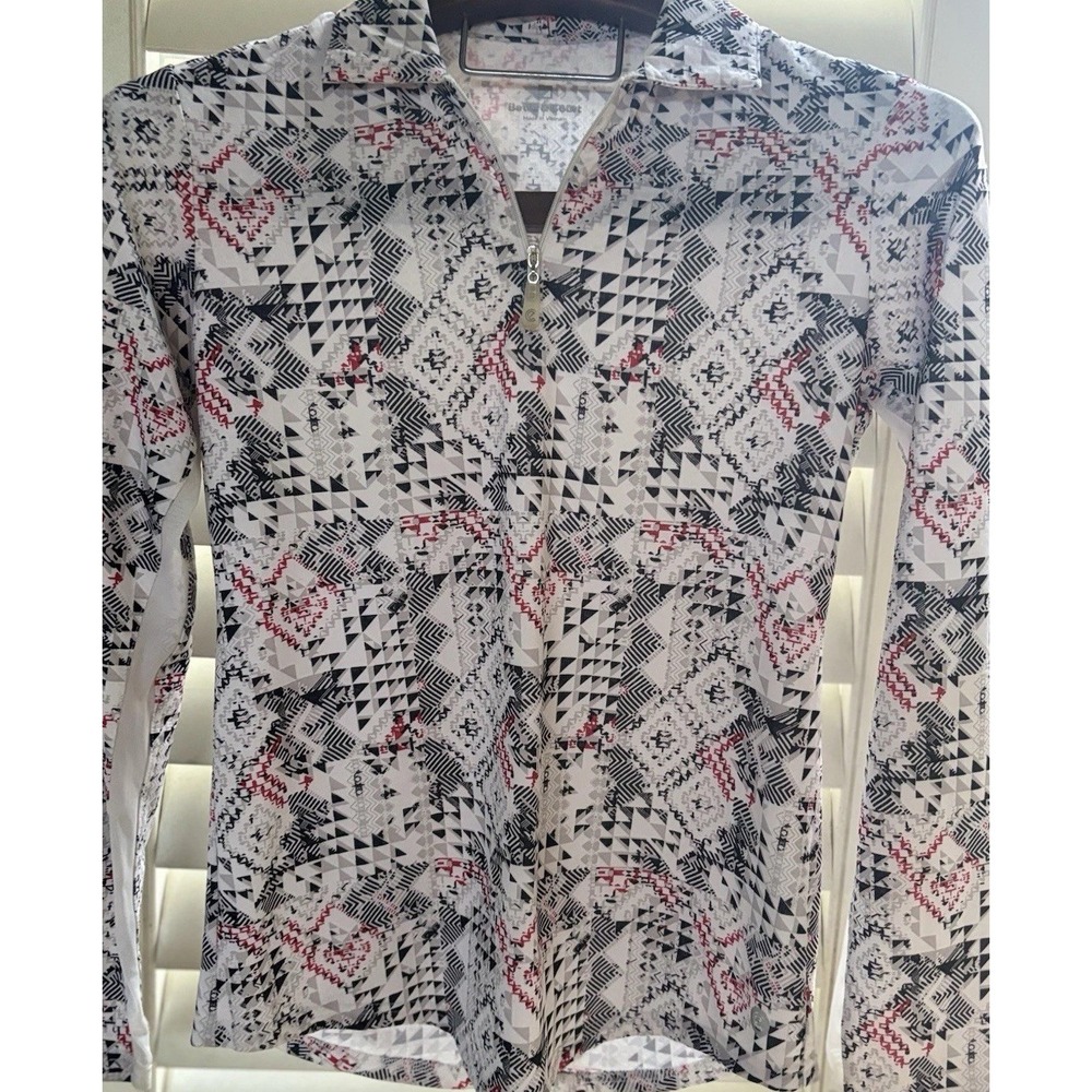 Bette & Court Womans White Small Abstract 1/4 Zip Long Sleeve Golf Pullover Top
